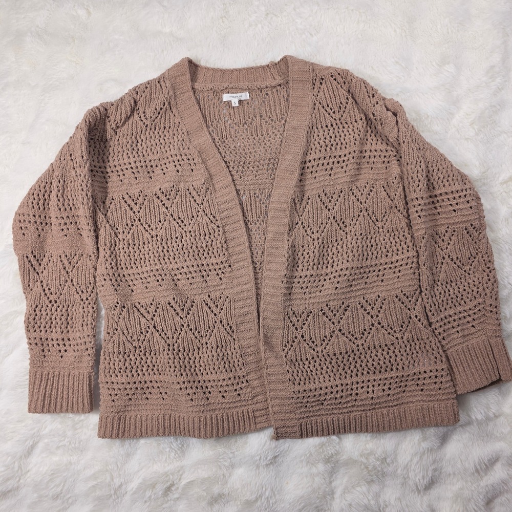Maurices Cardigan Women Sm Tan Excellent Chenille Diamond Pointelle Open Front